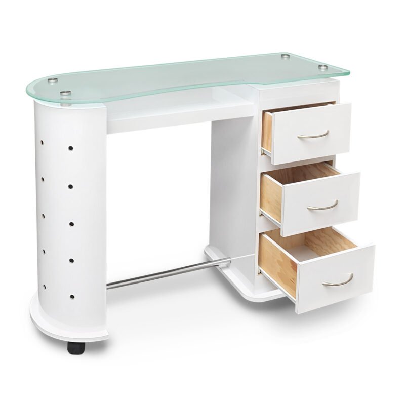 MESA PARA UÑAS Y MANICURE SOLAR BLANCA CON CAJONES ABIERTOS