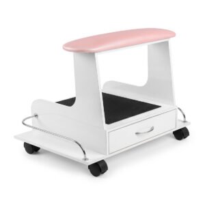Banco de pedicure blanco con cojín superior rosa, porta tina spa, cajón, repisas laterales y ruedas.