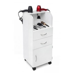 MESA-AUXILIAR-HERRAMIENTAS-ESTETICA-BLANCA-1-OBJETOS Carrito auxiliar para herramientas de estética 1 color blanco con soportes metálicos superiores, dos cajones, puerta y ruedas de plástico.