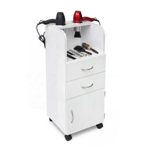 MESA-AUXILIAR-HERRAMIENTAS-ESTETICA-BLANCA-1-OBJETOS Carrito auxiliar para herramientas de estética 1 color blanco con soportes metálicos superiores, dos cajones, puerta y ruedas de plástico.